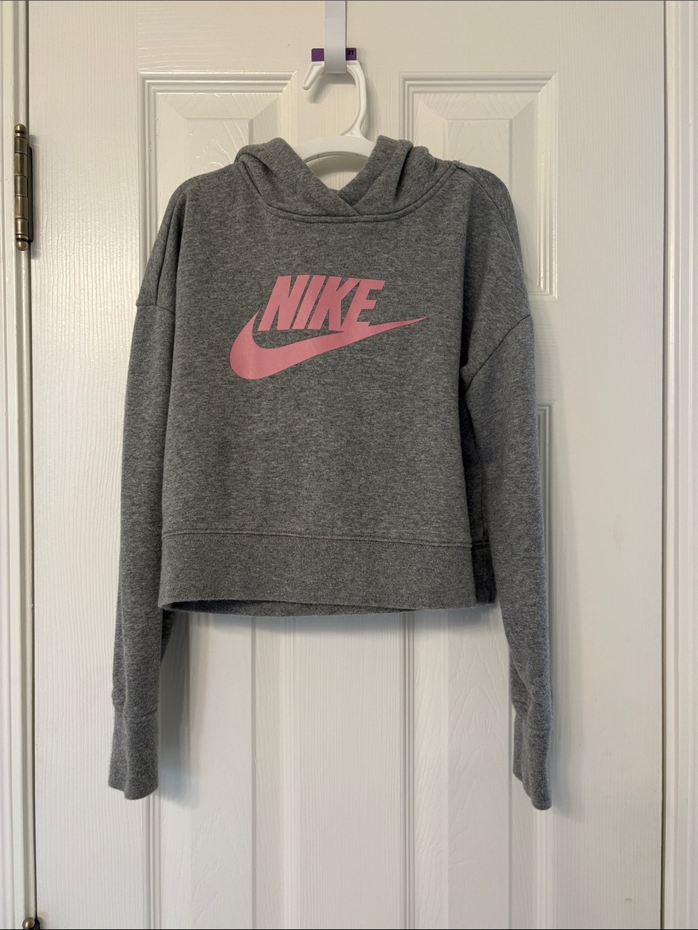 Nike Gray Cropped Hoodie with Pink Swoosh - Girls